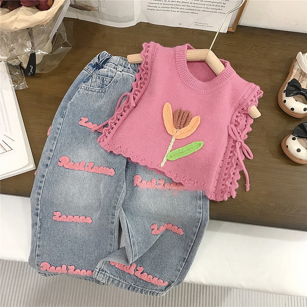 Girls\' Knitted Vest Autumn New Children\'s Korean O-neck Flower Lace-up Sleeveless Sweaters Embroidered Jeans 2 Piece Set