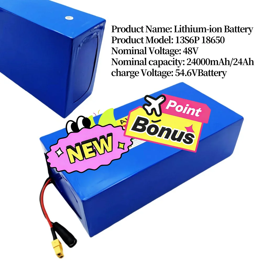 🚧 48V 24000mAh 13S6P li-ion battery pack 48V 24AH 18650 1500W electric, scooter and bicycle battery, built-in 50A BMS+charger