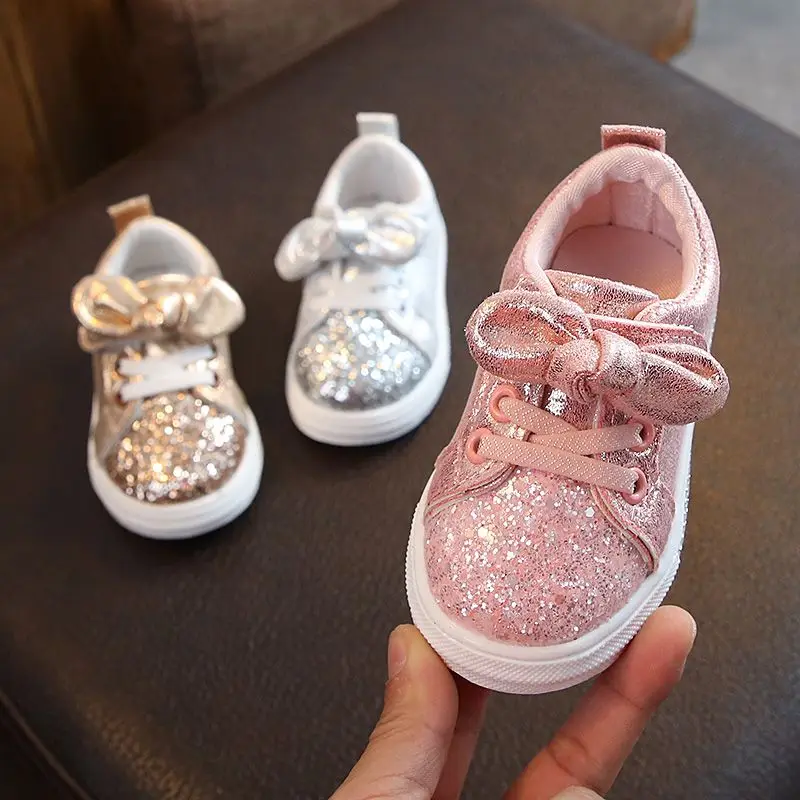 

Spring Autumn Girls' Shoes Children Casual Sneakers Fashion Bow-Knot Glitter Leather Non Slip Flat Tennis Shoes Princess Shoes