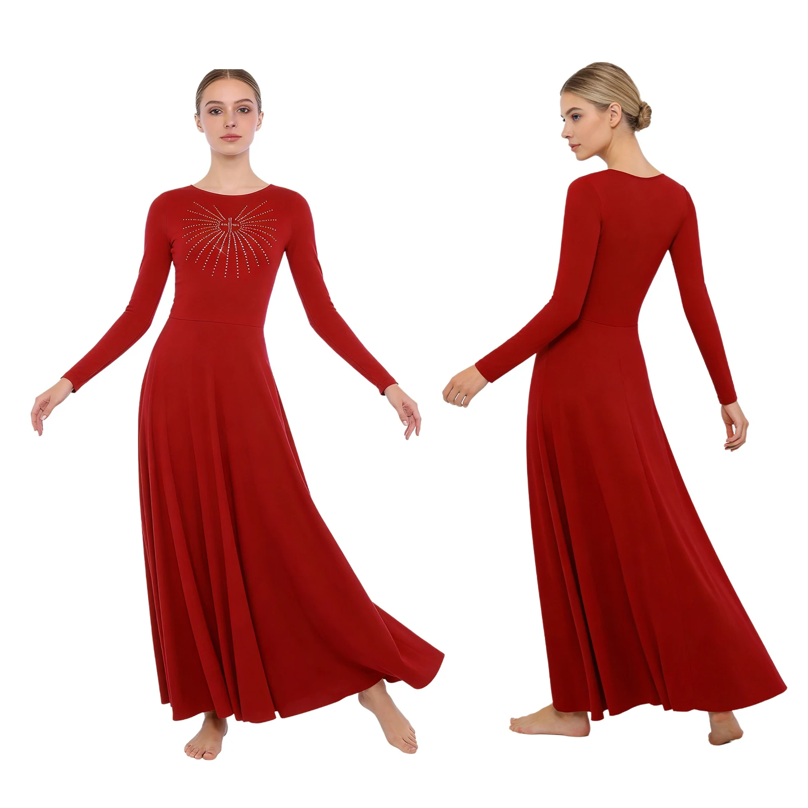 

Rhinestone Liturgical Modern Dance Dress for Women Crew Neck Long Sleeve A Line Maxi Tunic Dress for Church Choir Worship Events