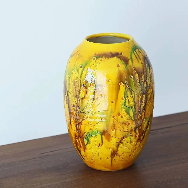 In Stock Japanese Imported Kiyomizu-Yaki Yellow Three-Color Wood Leaf Painted Vase Japanese-Style American-Style Home Desktop