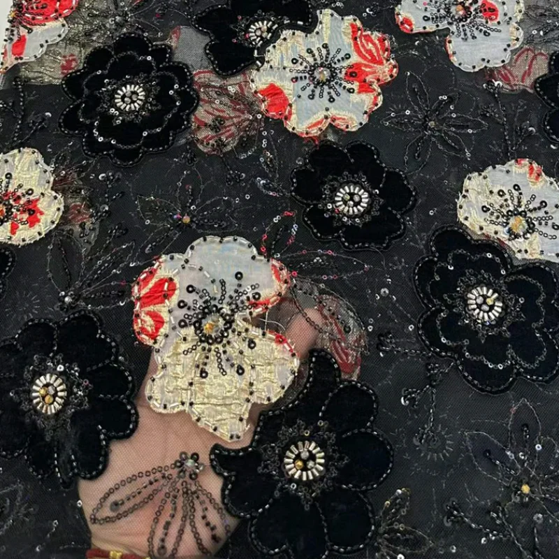 

African Sequins Beaded Lace Fabrics Applique High Quality Floral Embroidery Beads Lace Fabric For Nigerian Wedding Sewing