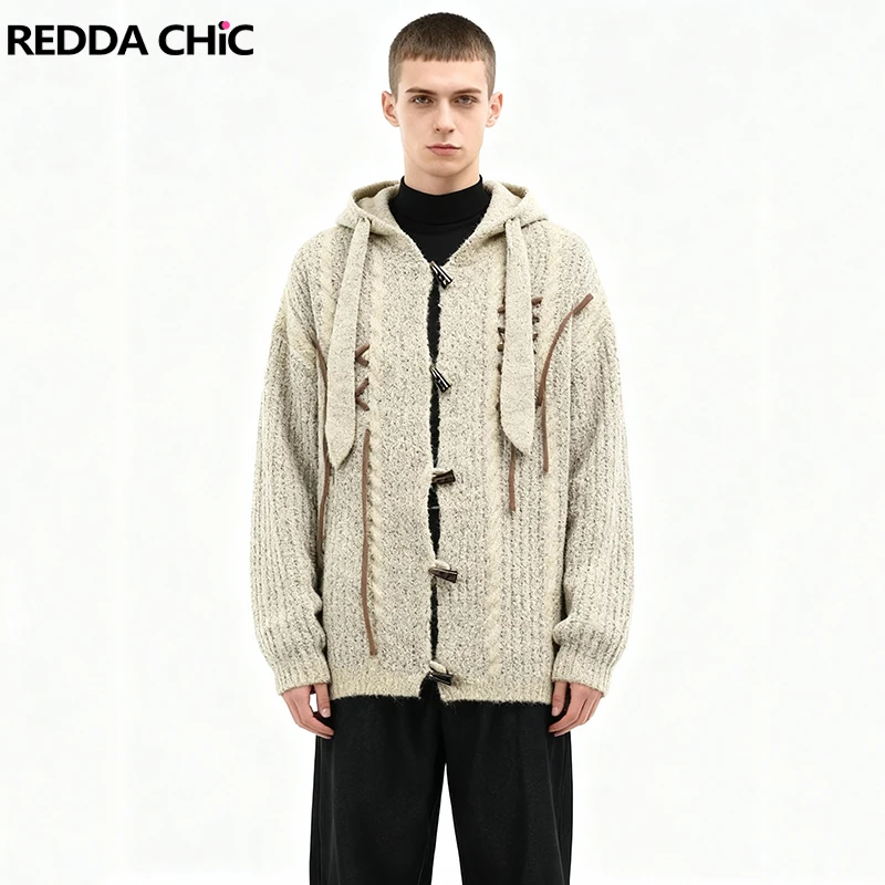 

REDDACHIC Bunny Ear Hoodies Sweater Men Lace Up Detail Horn Button Long Sleeve Oversize Knit Cardigan Lounge Autumn Outerwear