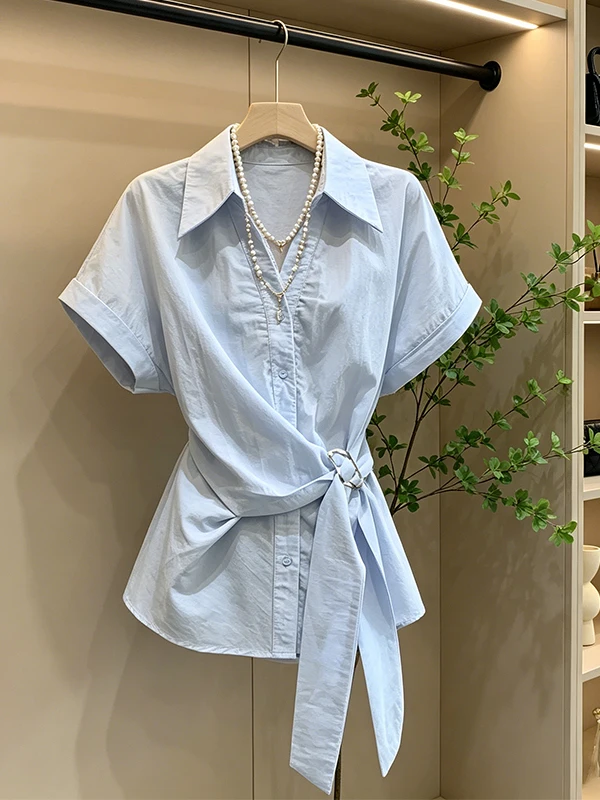 

Summer Women's Lace Trim V-Neck Short Sleeve Shirt Slimming Design Belted Waist Top Korean Style Loose Fit Breathable Cotton