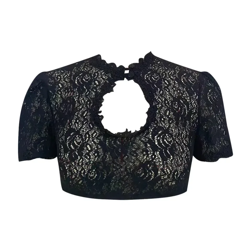 Women Traditional Blouse Short Sleeve Elegant Dirndl Blouse Deep Hollow Sexy Beer Button Crop Tops For Women Blusas Para Mujer