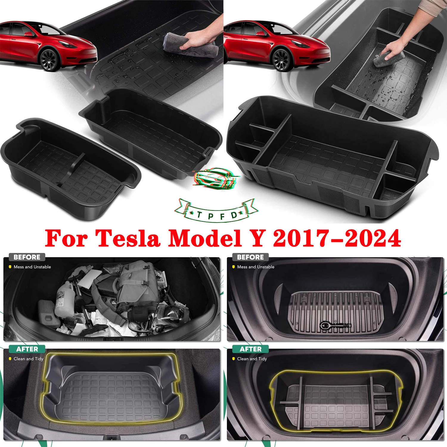 

For Tesla Model Y 2020-2024 Frunk Storage Organizer Tray and Rear Trunk Upper and Lower Rear Storage Boxes 3PCS Full Set