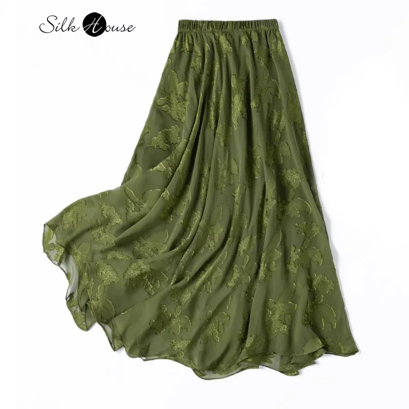 

3M Large Swing Diagonal Cut Without Splicing Natural Mulberry Silk Cut Silk Elastic Waist Women's Flowing Olive Green Skirt