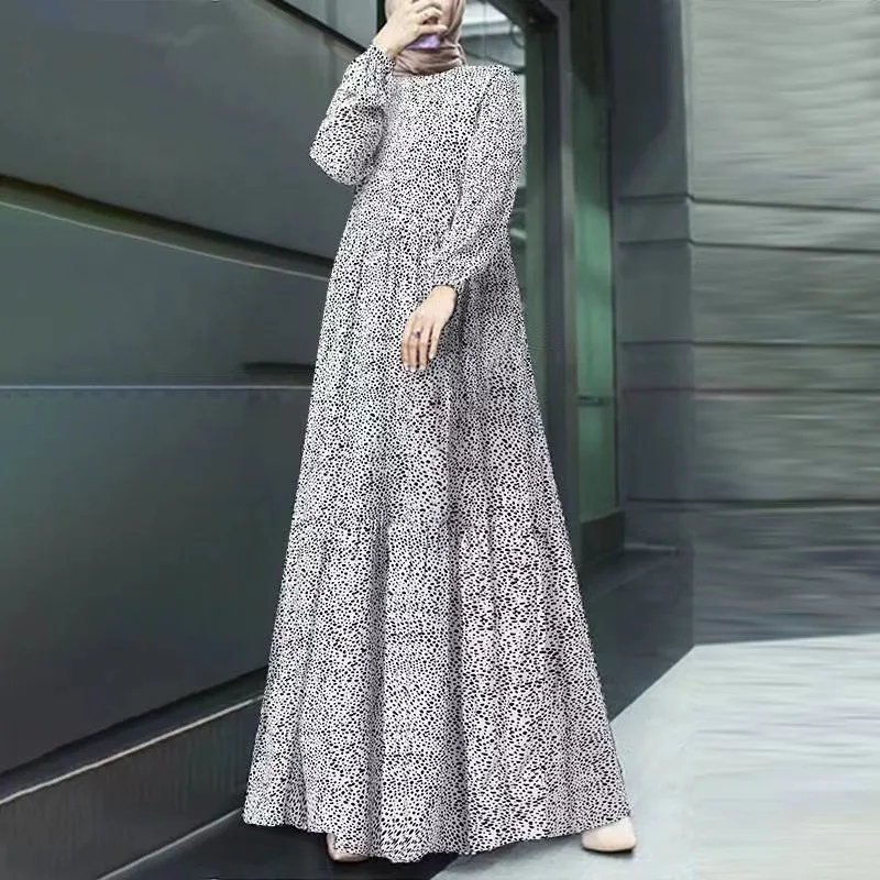 

New Moroccan Middle Eastern Muslim Islamic Comfortable and Casual Polka Dot Long Sleeve Pullover Loose Waist Long Dress