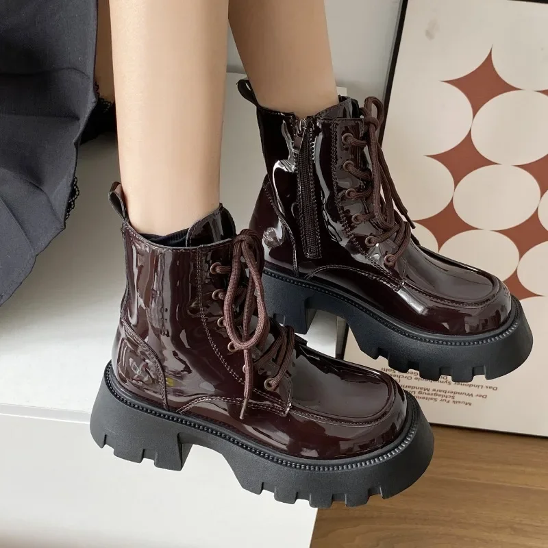 Retro Wine Red Thick Bottom Chunky Heel Ankle Boots Women Spring Autumn Patent Leather Lace Up Female Western Cowboy Short Botas