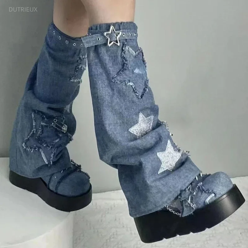 2026 Autumn Japanese Denim Star Embroidery Leg Warmer Streetwear Grunge Socks Harajuku Vintage Tassels Belt Sock Y2k Aesthetic