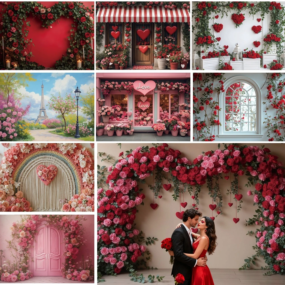 

MOON.QG Pink Door Scene Backdrop Floral Door Heart Ornaments Valentine's Day Backgrounds For Photographs Photobooth Photoshoot