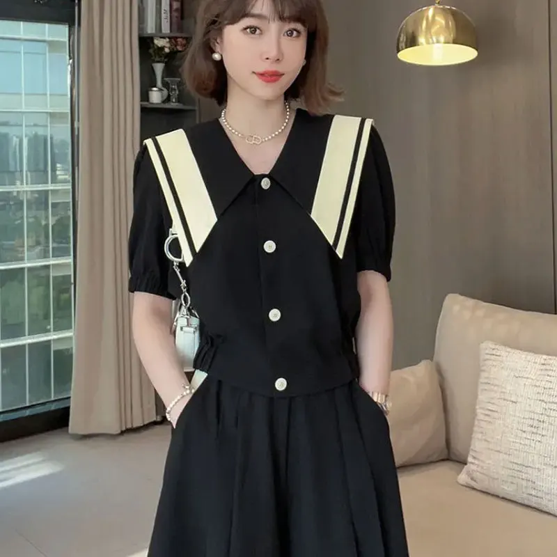 2024 Elegant Fashion Harajuku Slim Fit Female Clothes Sets Loose Casual All Match Button Short Sleeve Tops Shorts Two Piece Set