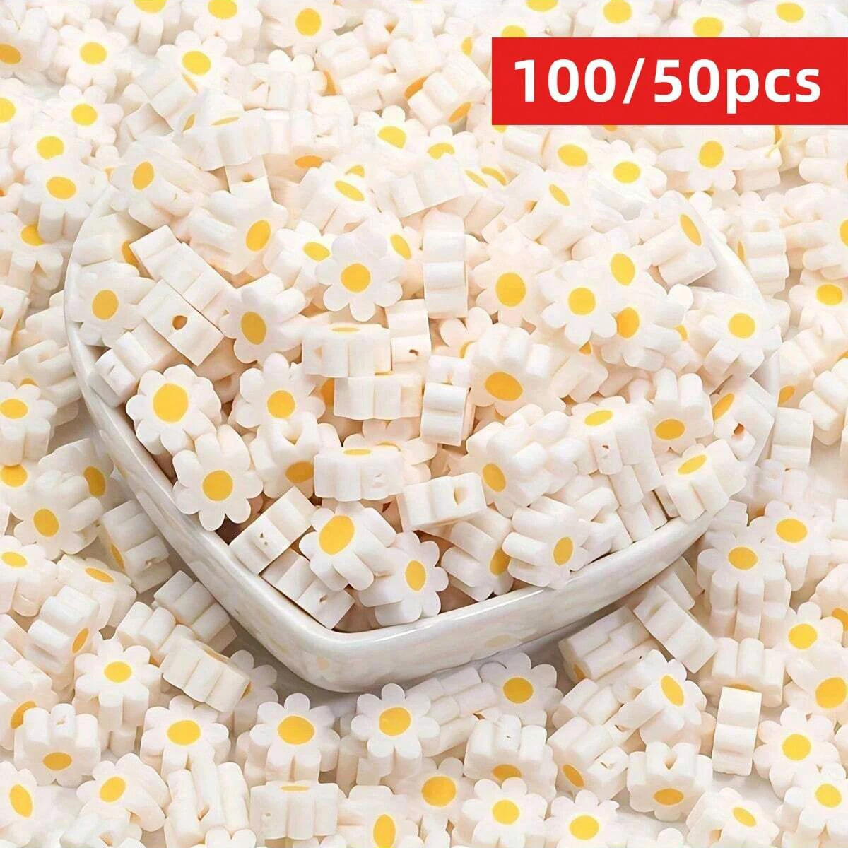 100/50pcs 9mm White Flower Patterns Beads for DIY Jewelry Ma