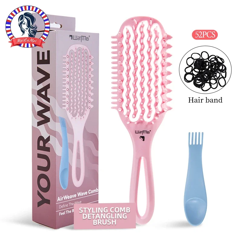 

WANMEI Air Cushion Hollow Detangler Brush Set: Scalp Massage Comb + Cleaner + 52 Hair Bands, Anti-Frizz Wet/Dry Styling Tool