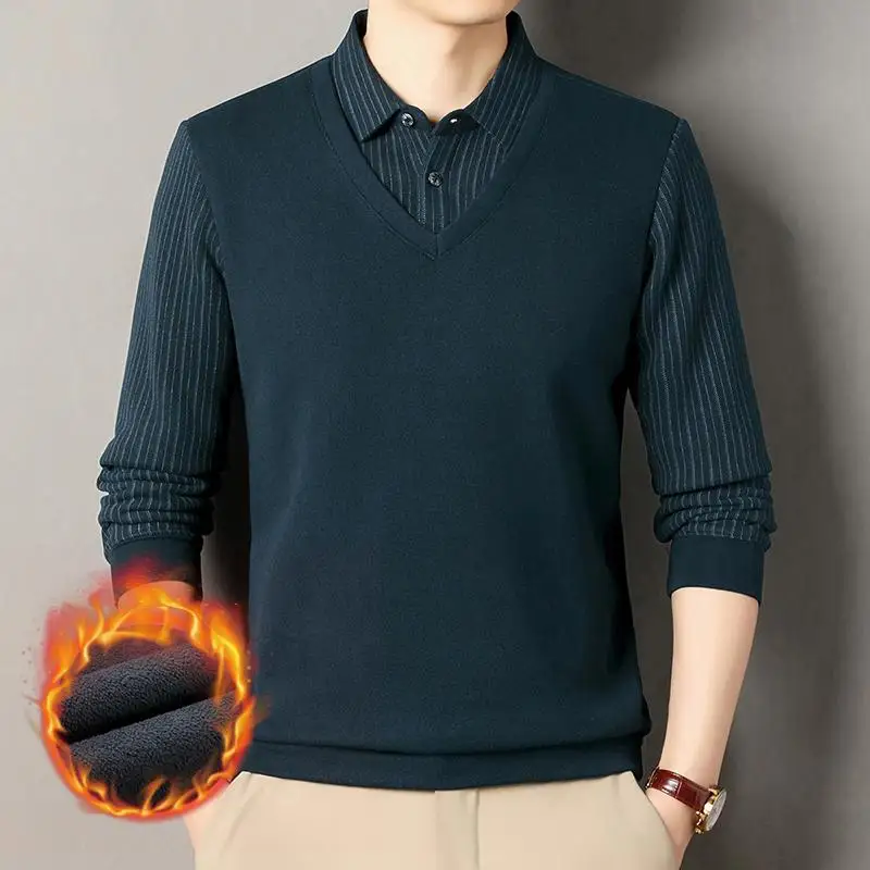 

Thiened Fce Winter Warm Knitted Long Sve Casual irt Dad Sle Faion Ci Busin Casual Striped Underwear Top