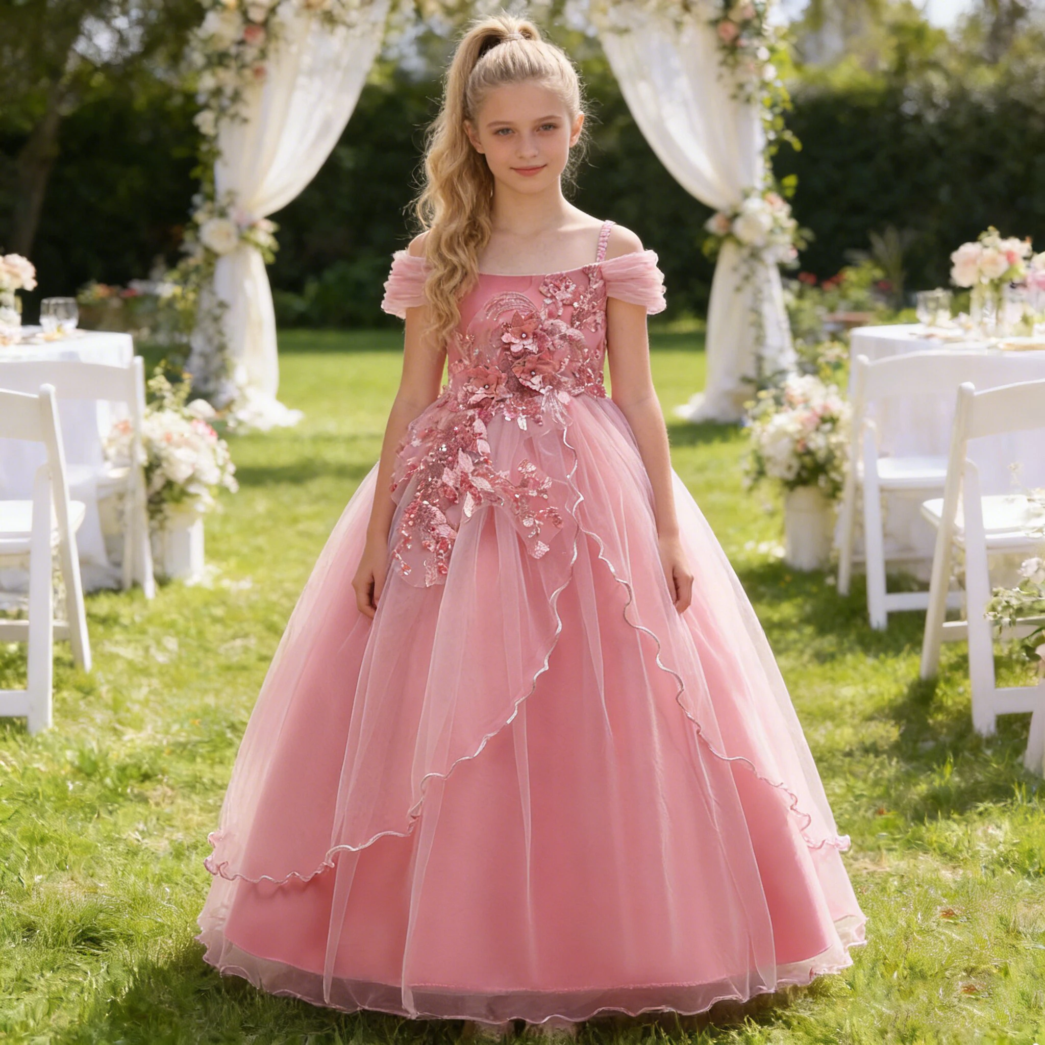 

Elegant Wedding Bridemaids Party Girls Dress Tulle Bow Birthday Princess Dresses for Kids Flower Christmas Prom Evening Costumes