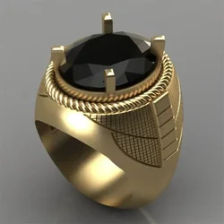 Elegant Men Rings Gold Color Punk Classic Design Round Black Stone Party Jewelry