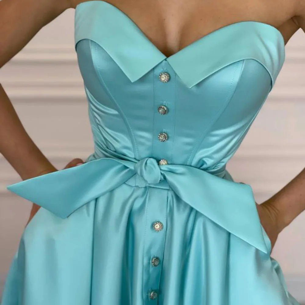 カスタムフロントボタンティーレングスプロムドレス、スイートハートプリーツショートイブニングパーティーガウン、サテンAラインミディ丈ホコドレス