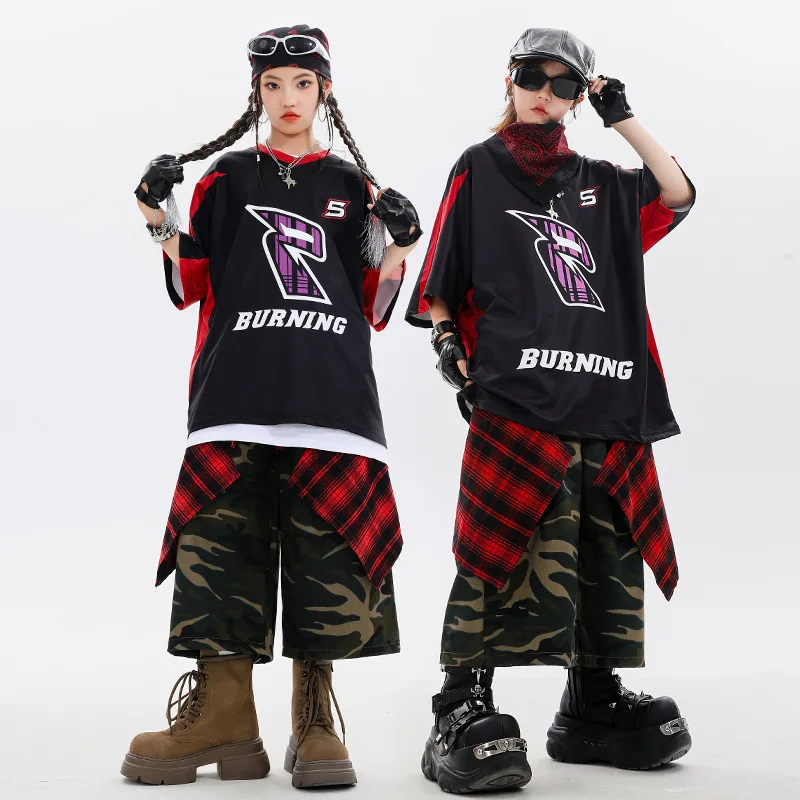 

Girls Hip Hop Street Dance Performance Costume Black T Shirt Camouflage Shorts Stage Outfit Boys Rave Modern Jazz Dance Clothes