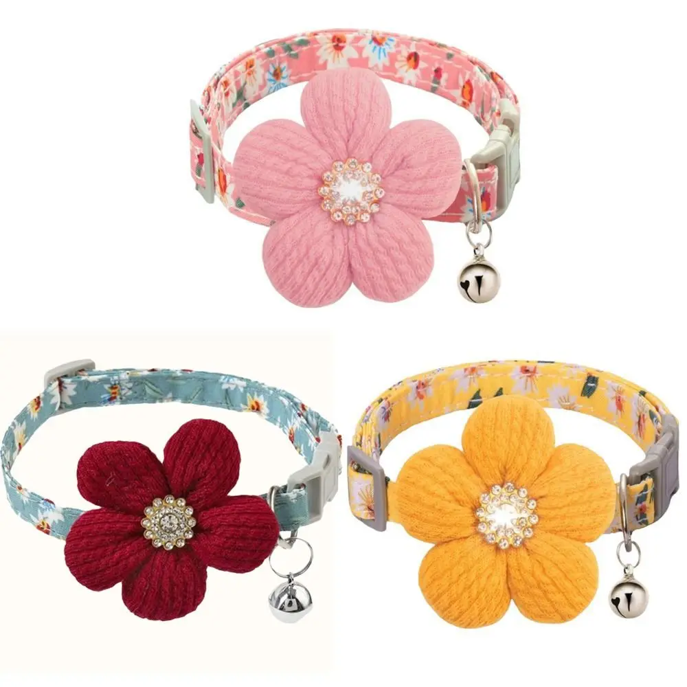 Fashion Adjustable Flower Dog Collar with Bell & Rhinestone Quick Release Nylon Breakaway Safety Buckle Pet Gift for Puppy Cat