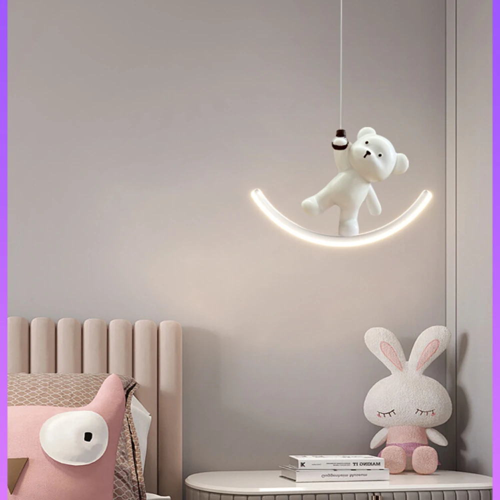 

Children's room bedside chandelier bear cute cartoon boy girl net red light luxury long line bedroom bedside chandelier
