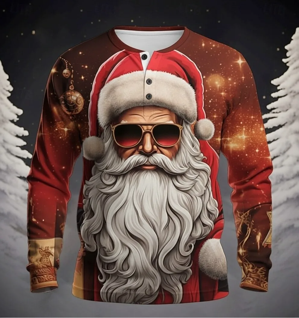 

Men's Christmas Santa Claus Henley Shirt Long Sleeve Fashion Daily Casual Holiday Going out Spring Fall Men Henley T-Shirt tops