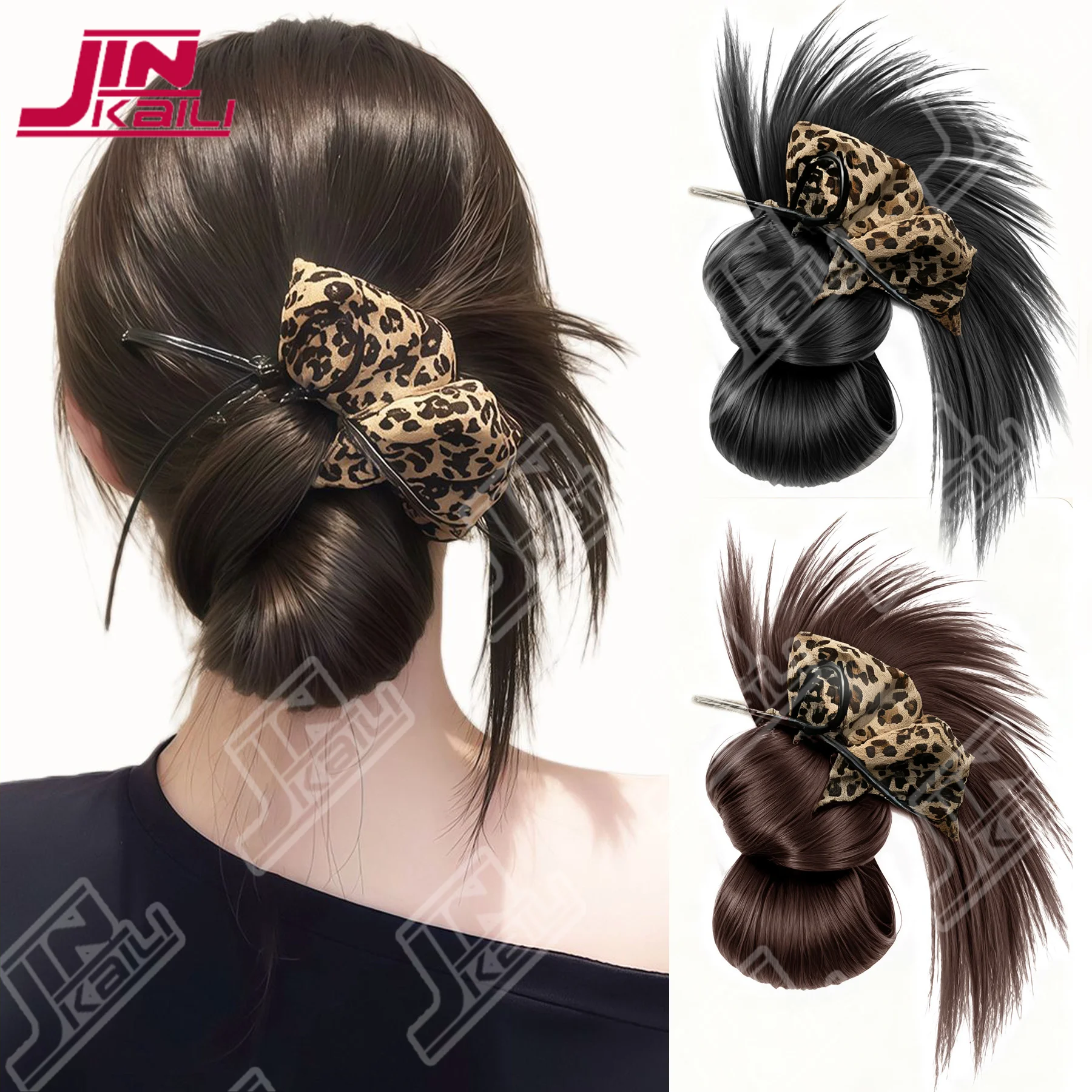 

JKL Synthetic Bun Ponytail leopard print Fluffy Claw Clip Chignon Hair For Women Lazy Bun Wig Bag Hair Accessories For Daily Use