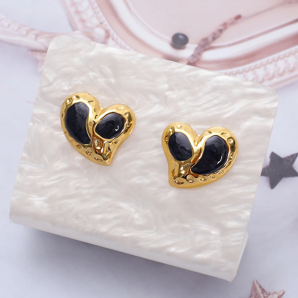 New Heart Stud Earrings Stainless Steel Golden For Woman 2026 Vintage Glazed Design Valentine's Day Gift Luxury Wedding Jewelry