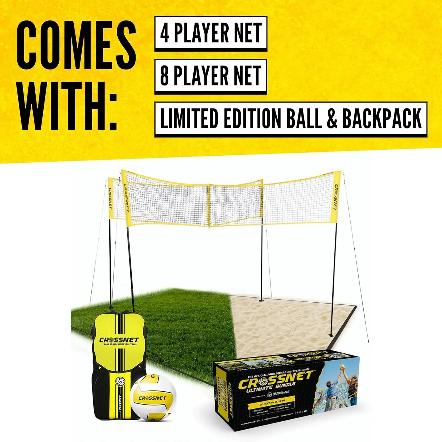 4 Square Volleyball Game Set for Adults and Kids with Volleyball Net, Backpack and Ball for Outdoor Game