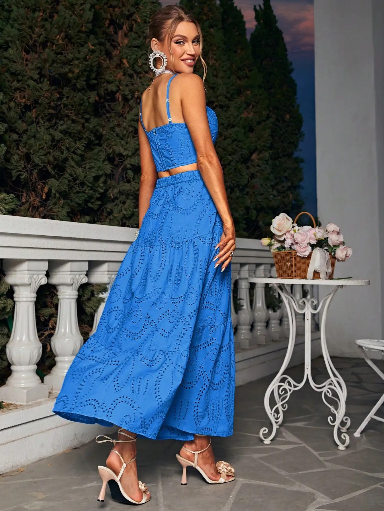 블루 아일렛 크롭탑과 맥시 스커트 매칭 세트, 러플 밑단, 여름 보헤미안 투피스 의상