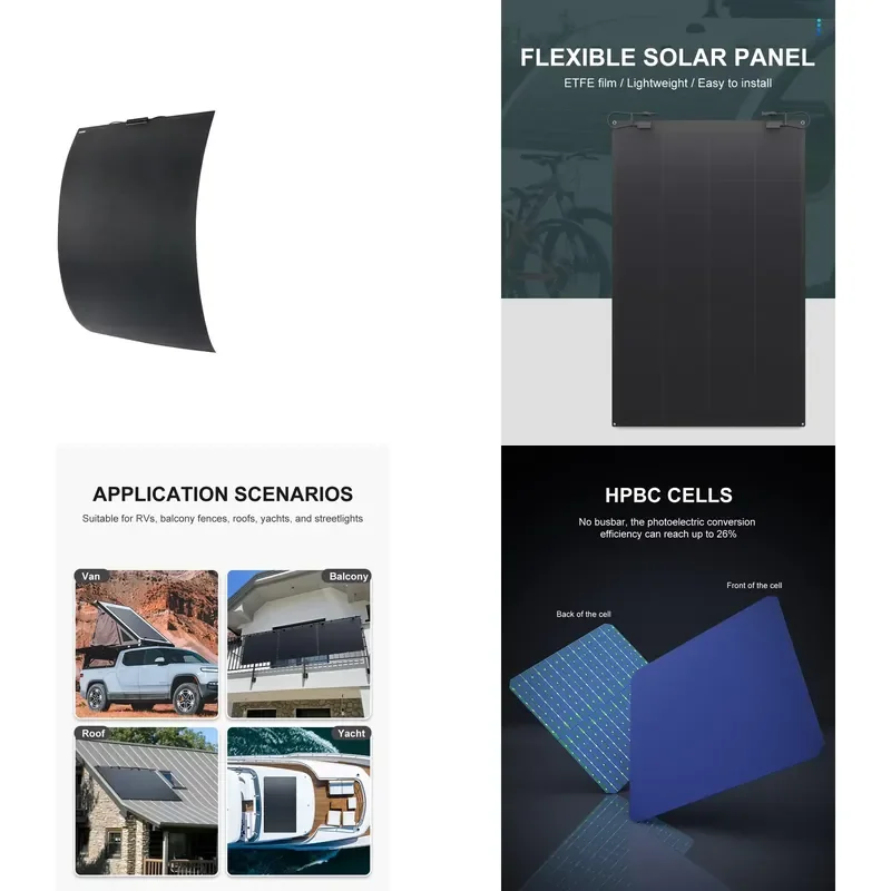 썬썬 100W 200W HPBC ETFE 플렉시블 단결정 태양광 패널 70cm 23인치 폭 22% 효율 SS-E300B 모터홈용