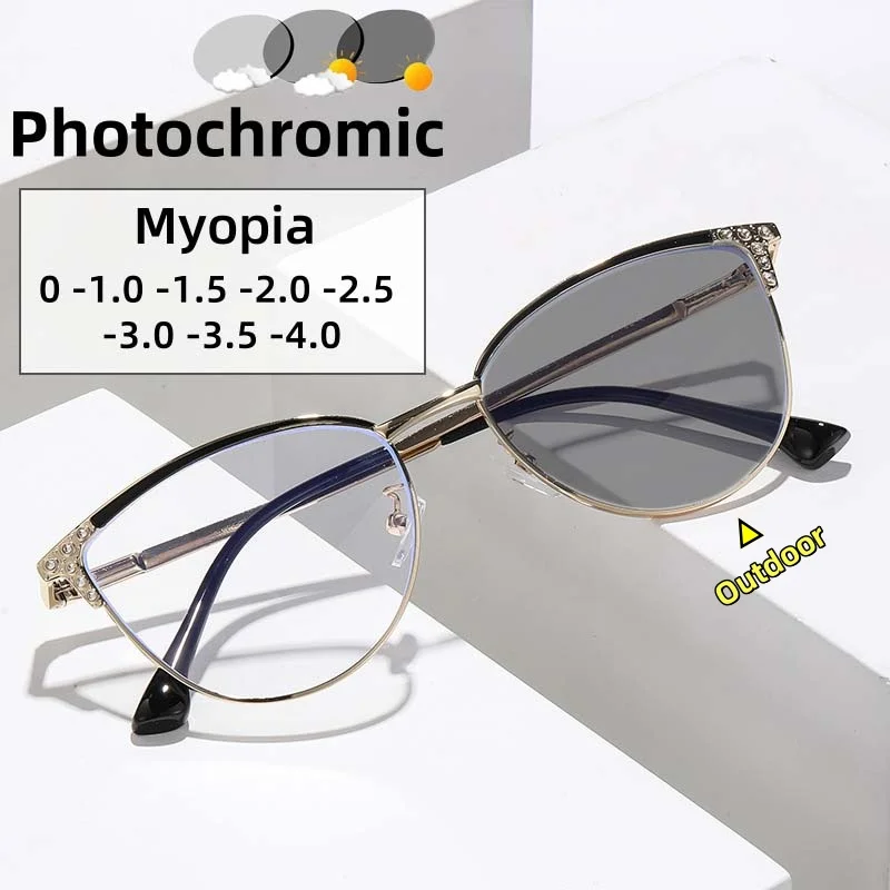 

Новые фотохромные очки для близорукости «кошачий глаз», модные очки с инкрустацией бриллиантами, анти-синий свет, оптические очки по рецепту от 0 до -4,0