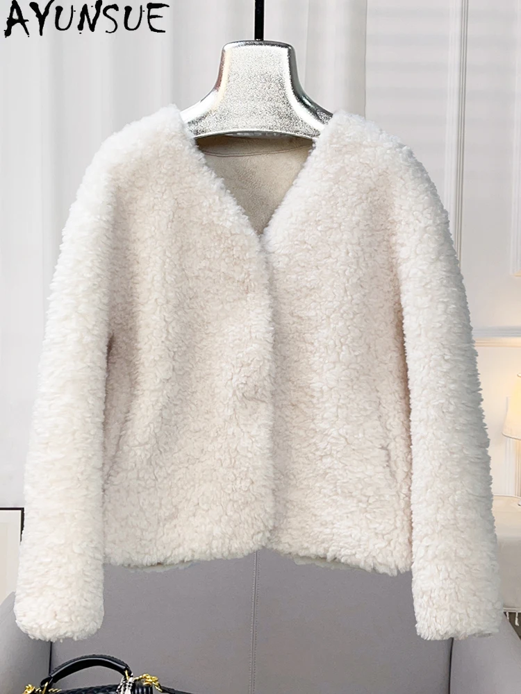 AYUNUSE 2025 가을 겨울 100% 천연 양모 여성 자켓 v 넥 우아한 모피 자켓 여성 의류 고품질 Abrigo Mujer