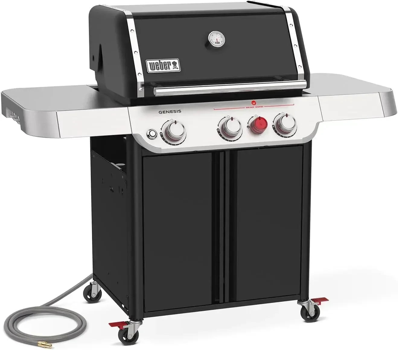 Genesis E-325 Natural Gas Grill, zona Sear ekstra besar dengan panas yang intens, memiliki ruang untuk memasak beberapa Steaks sekaligus. Hitam