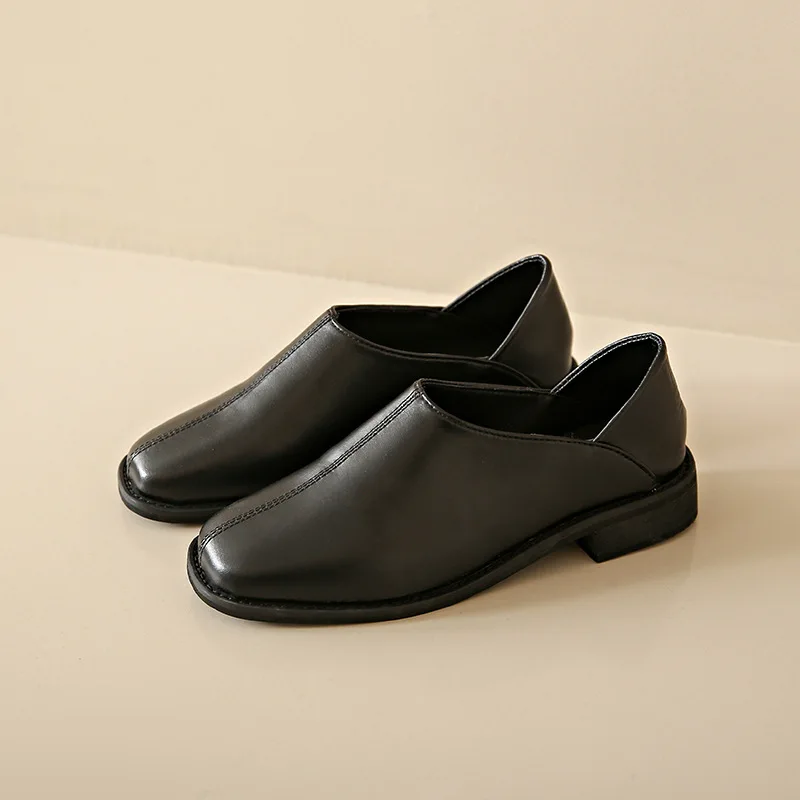 Women's Shoes Fashion Square Head Small Leather Shoes Baotou Half Slippers Soft Leather Casual Shoe Slip on Shoes Zapatos Mujer