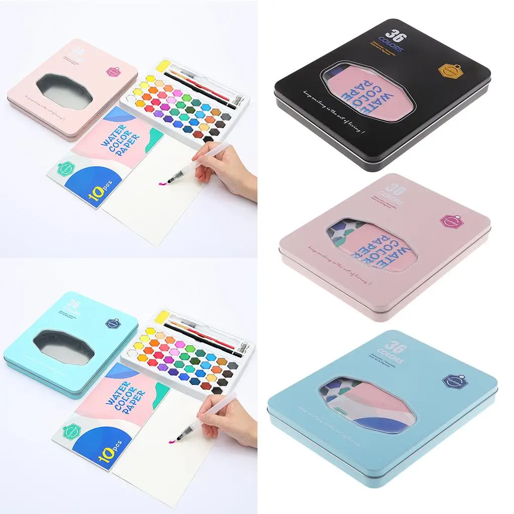 

36-цветный набор твердых сковородок для художника с металлическим жестяным футляром, кистью, кистью для рисования, карандашом, бумагой, пенопластом