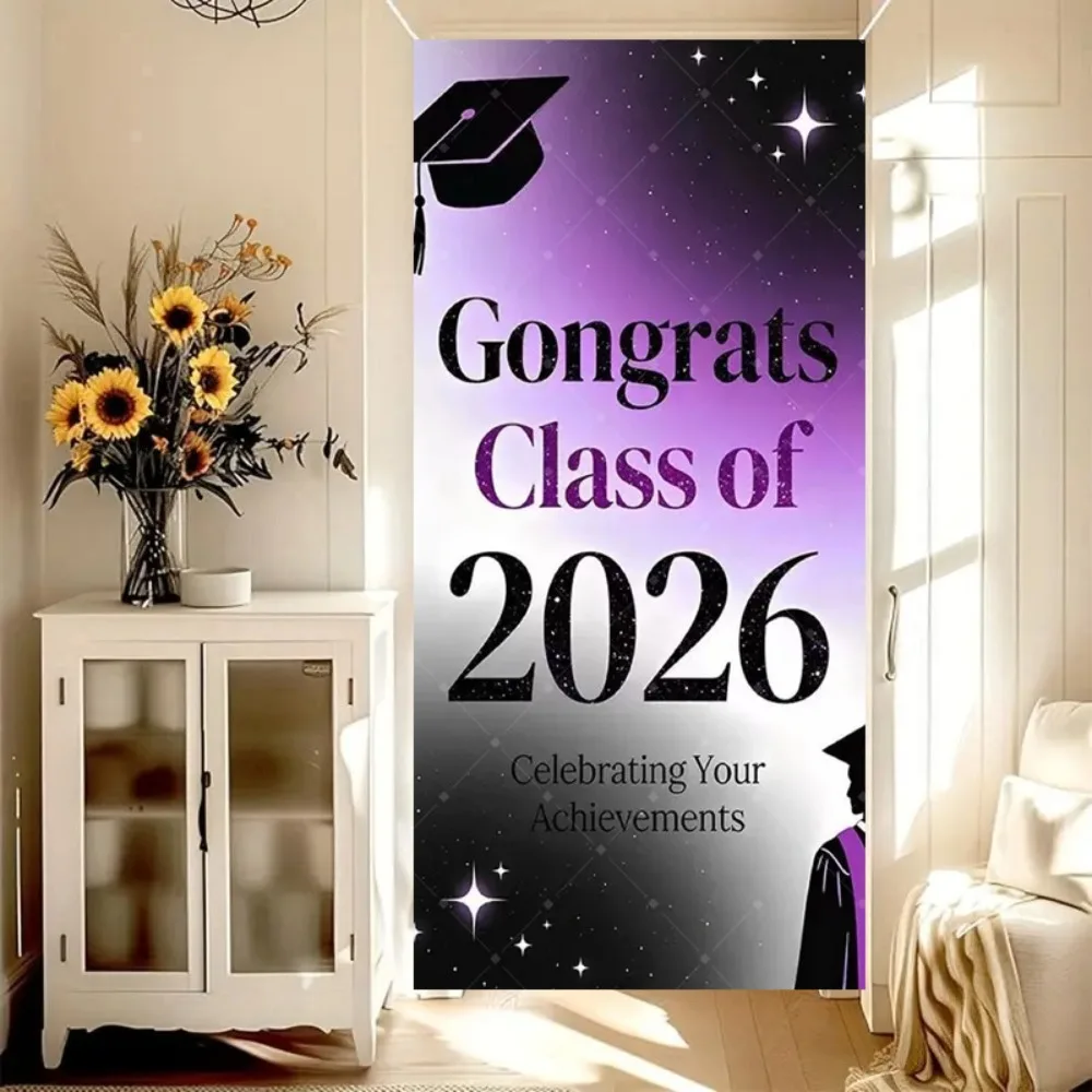 2026 Graduation Season Purple Theme Door Frame Backdrop, Congratulations Graduation Party Decoration Photography Backdrop Cloth