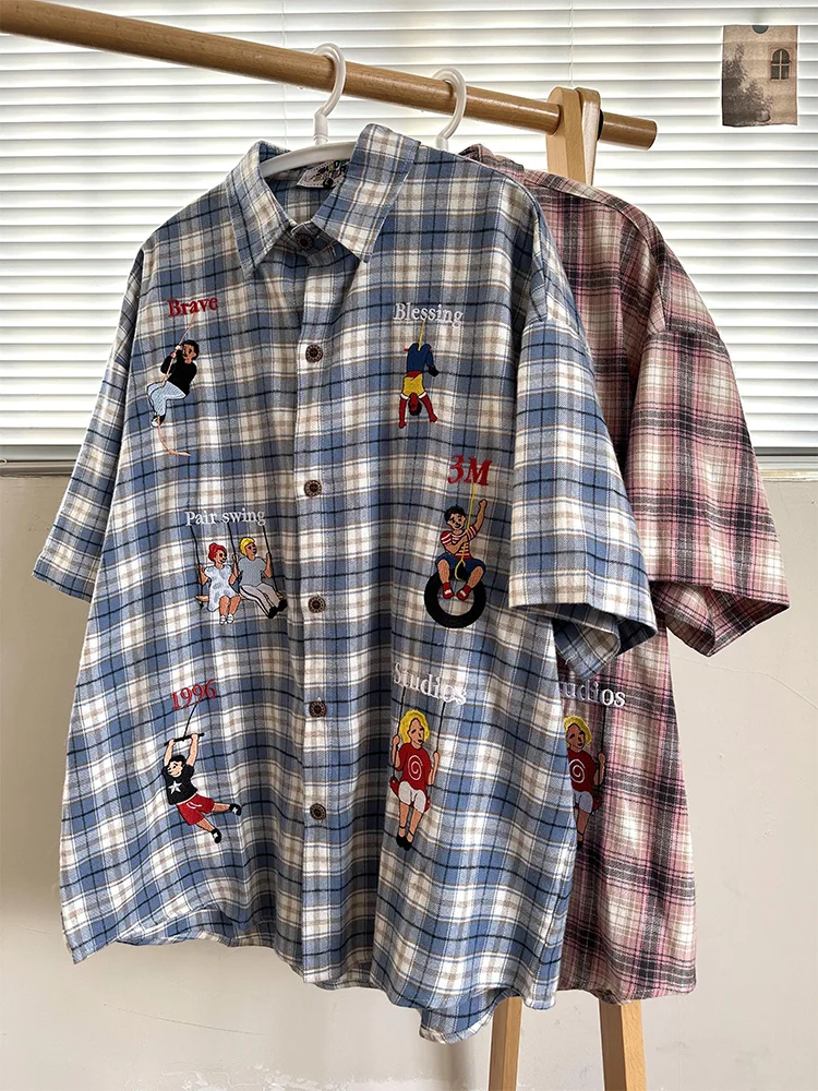 Summer Retro Cartoon Embroidery Personalized Plaid Shirts Men Women Japanese Cute Blouse Loose Oversized Short Sleeve Lapel Tops