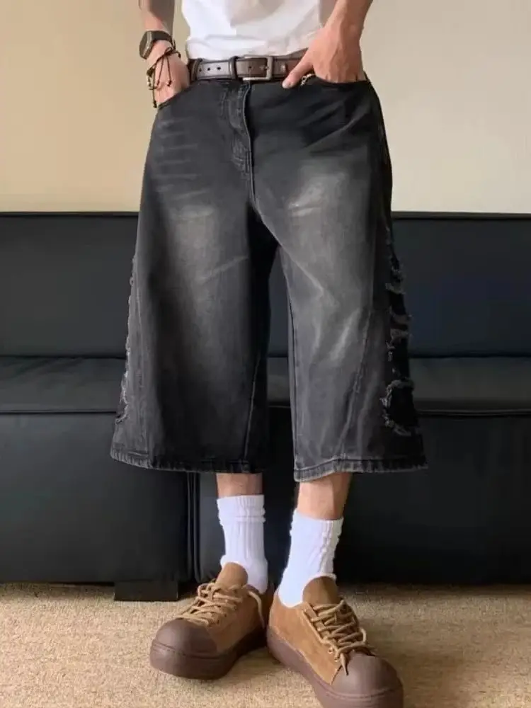 

Летние мужские и женские свободные капри в американском стиле ретро с широкими полями, прямые капри, модные уличные женские потертые джинсовые шорты