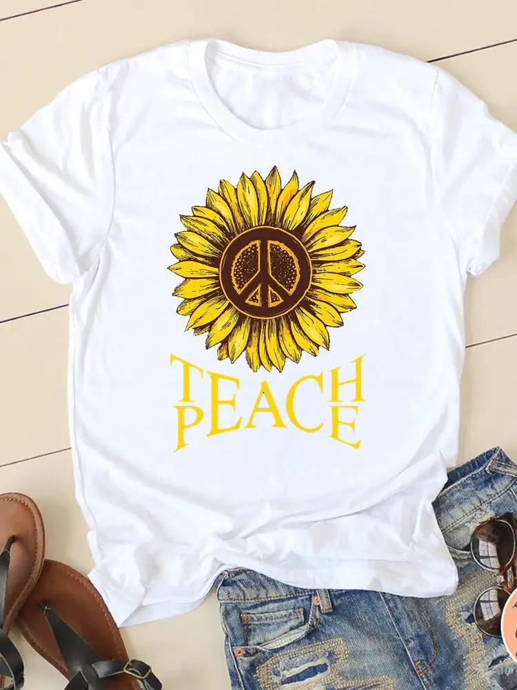 T-shirts Graphic Tee Clothing Summer Short Sleeve Ladies Flower Peace Lovely Casual Women Fashion Female T Shirt Clothes