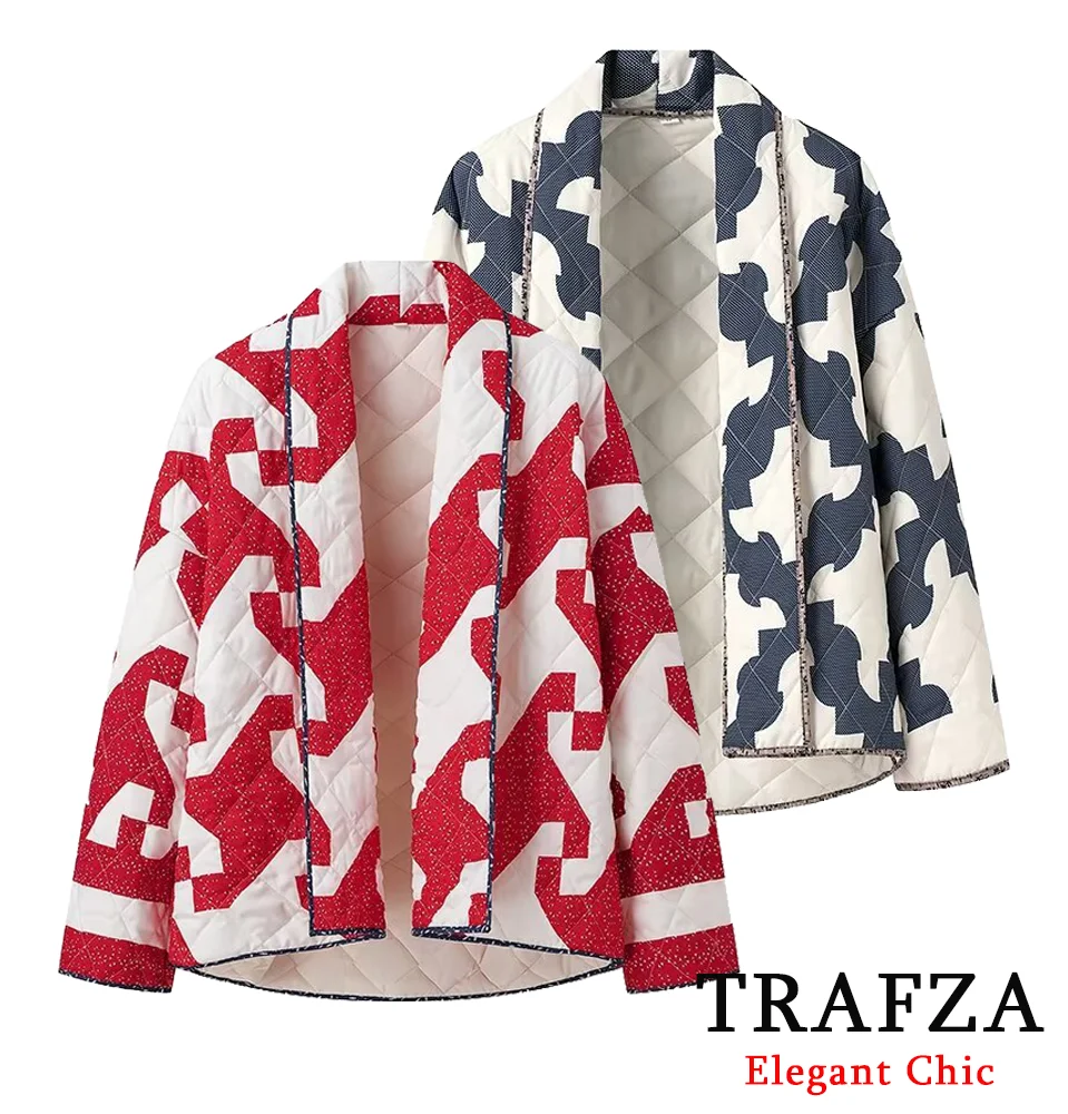 TRAFZA-Casaco estampado à moda feminina, quimono casual, jaqueta outwear de rua, manga comprida, casaco aberto solto, novo, outono, inverno