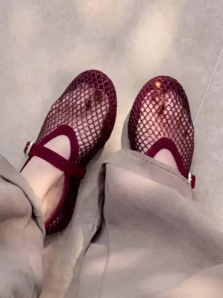 2026 Neues Modell~ Netzstoff Strass Ballerinas Mary Jane Damenschuhe mit Ausgehöhltem Riemen – Detail 13