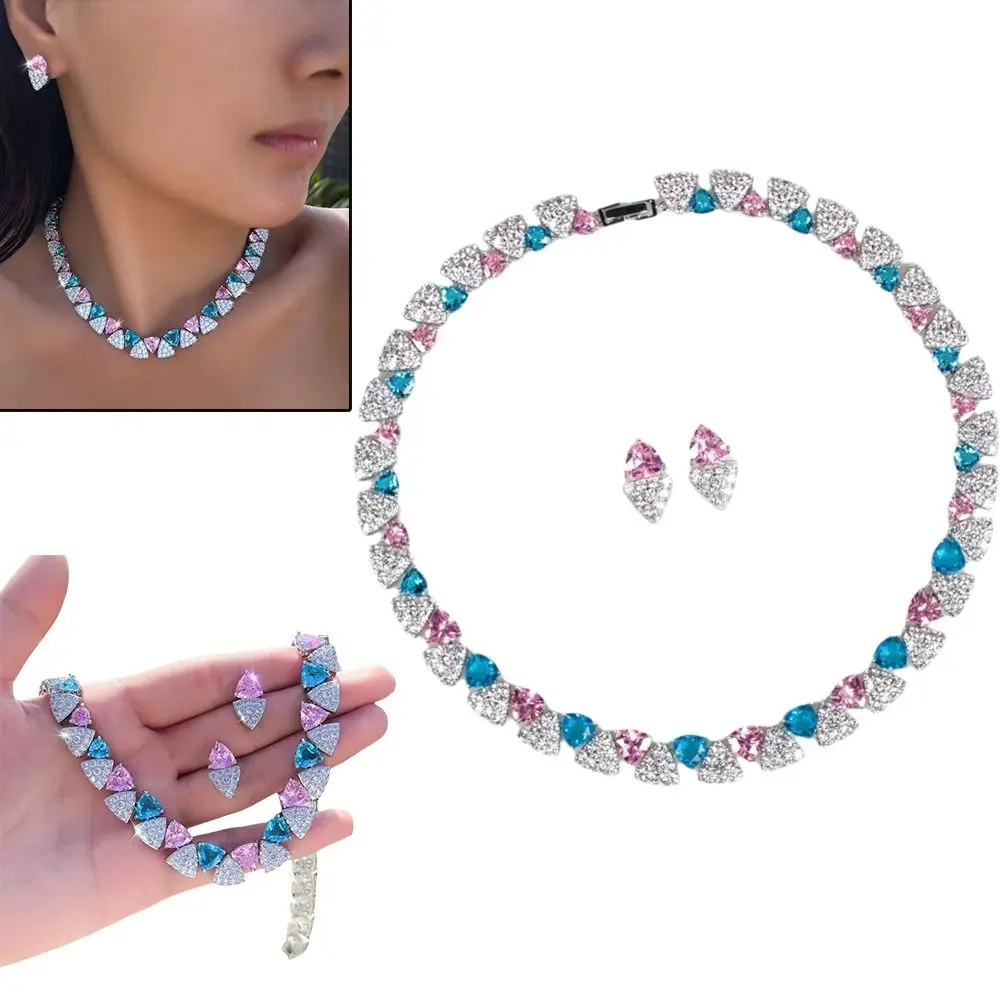 Shiny Zirconia Necklace Earring Set Pave Setting Triangle Shape Bridal Jewelry Set Clavicle Choker Sparkling Finish