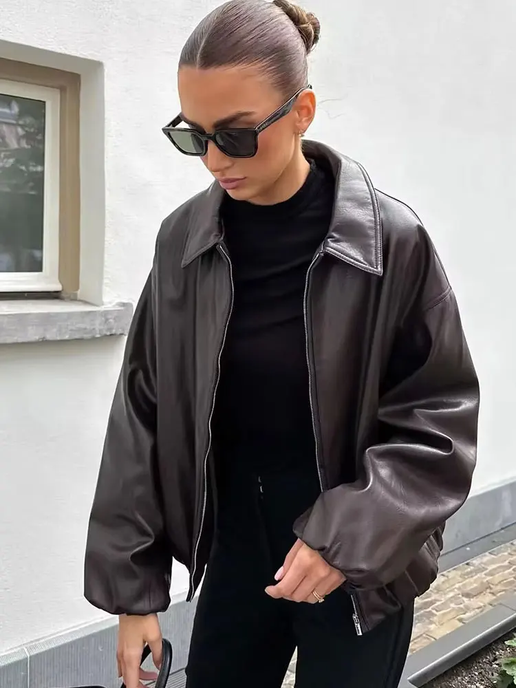 

HH Осенняя куртка из искусственной кожи для женщин, модная элегантная повседневная куртка-бомбер на молнии с длинными рукавами, пальто, офисная женская верхняя одежда