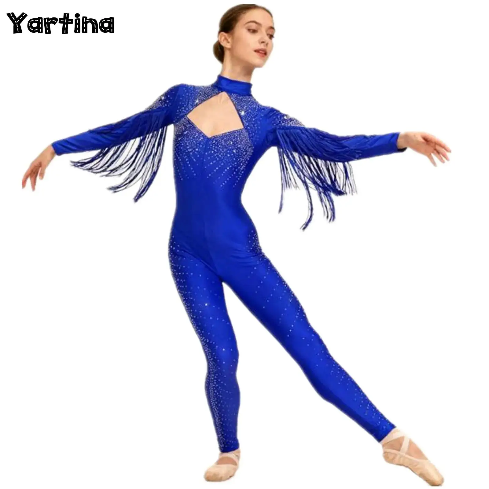

Womens Gymnastics Artistic Figure Skating Ballet Dance Unitards Jumpsuit Glittery Rhinestone Long Sleeve Tassel Bodysuit Rompers