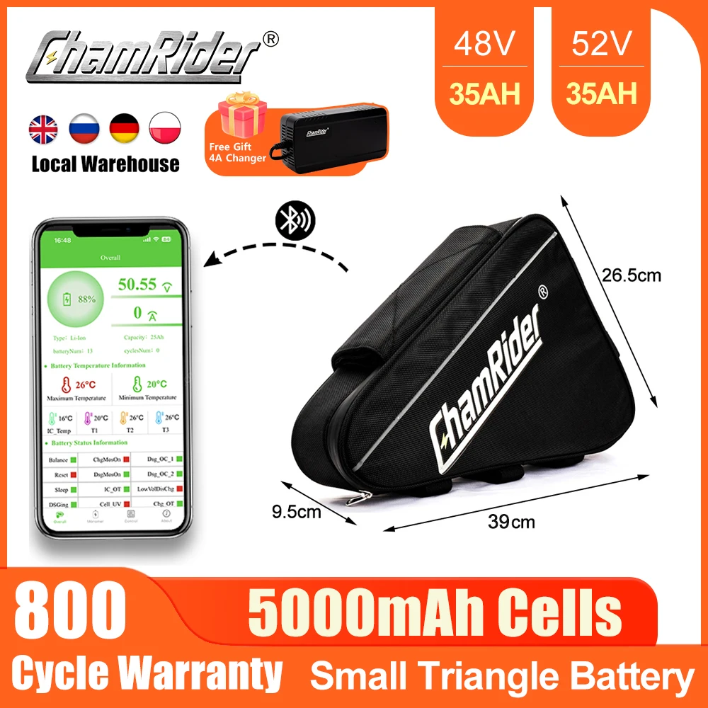 ChamRider 48V Ebike Battery Smart BMS 21700 Cell 52V Small Triangle 45AH Huge Capacity 1500W 2000W Super Powerful Bafang