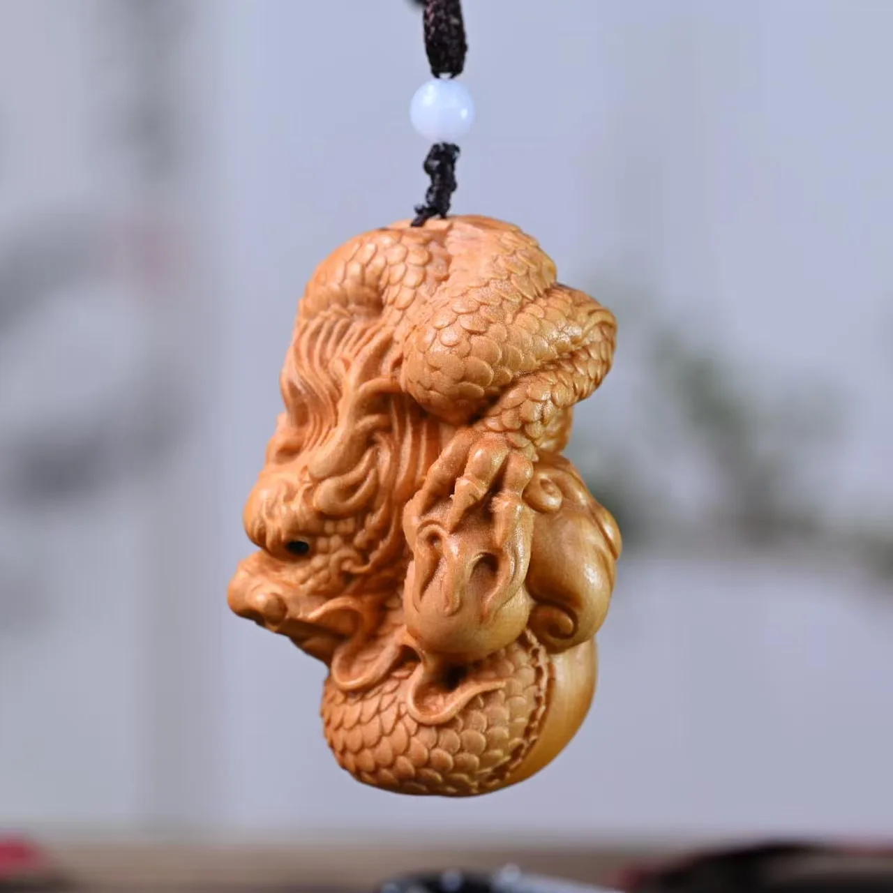 Cypress Wood Carved Dragon Coiled Cloud Figurine Solid Wood Wenwan Hand Play Chinese Zodiac Dragon Pendant Desktop Ornament