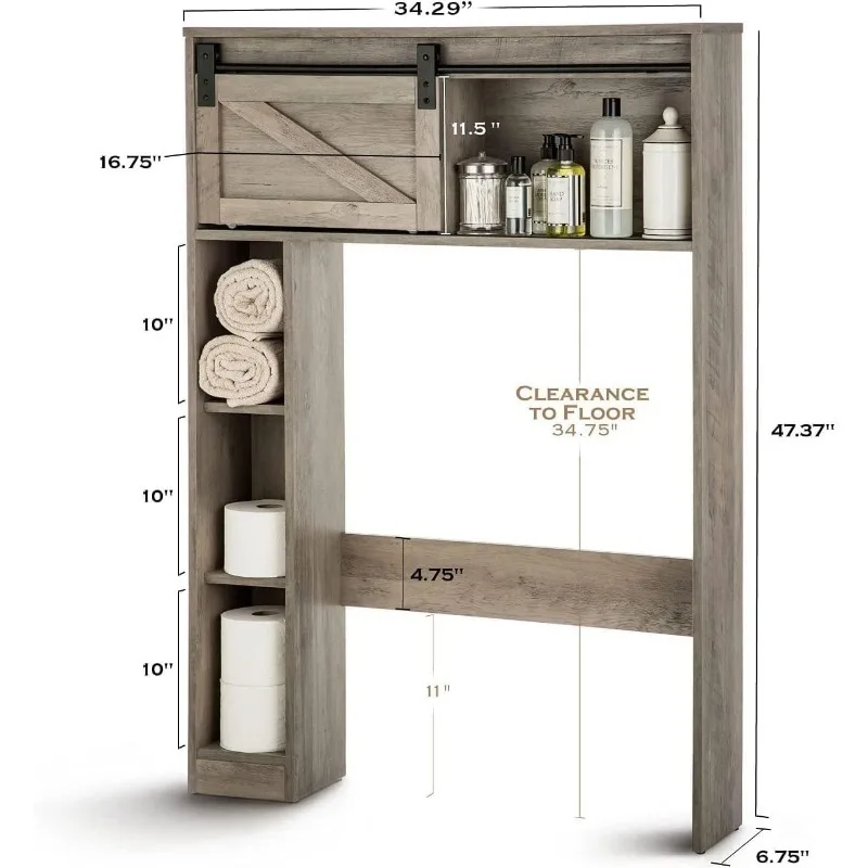 

Over the Toilet Storage Organizer, Shelving for Bathroom Organization with a Smooth Gliding Rounded Rail Barn Door