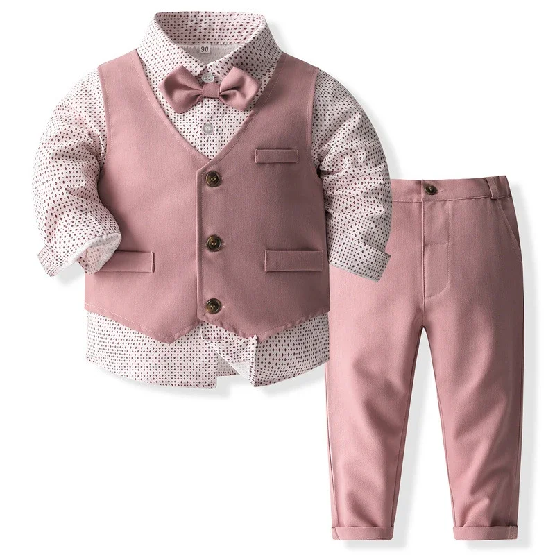 

4Piece Spring Fall Toddler Boy Outfits Korean Fashion Gentleman Tie Dot Long Sleeve Tops+Vest+Pants Boutique Kids Clothing BC160