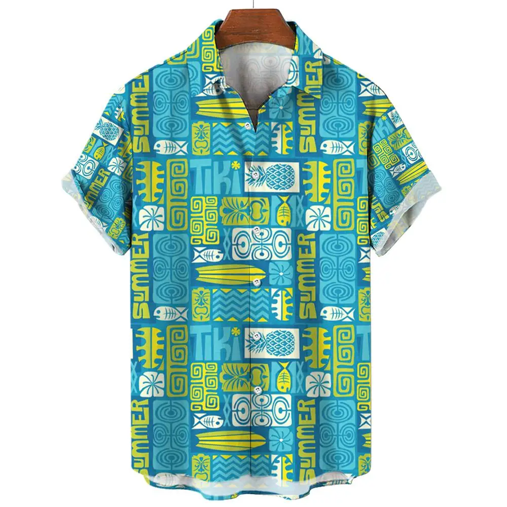 Camisa havaiana com estampa 3D masculina, gráficos Tiki, botão, manga curta, lapela, streetwear, blusa, moda verão